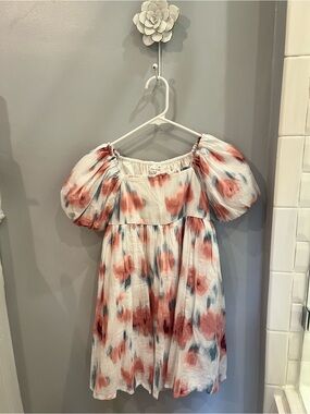 Girls Puff-Sleeve Floral Abercrombie Dress in Blush and Slate